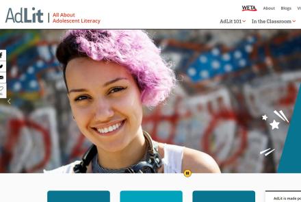 AdLit.org homepage with a prominent image of a smiling teen with pink hair.