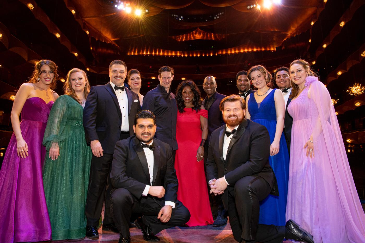 Back row L to R: Lydia Grindatto, Meridian Prall, Eric Taylor, Emily Richter, Mo. Evan Rogister, Denyce Graves, Ryan Speedo Green, Demetrious Sampson, Ruby Dibble, Daniel Espinal, Tessa McQueen, Front L to R: Navasard Hakobyan, Nathan Bowles Photo: Natalie Powers / Met Opera